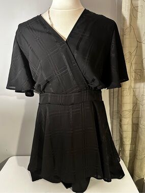 Black V-Neck Wrap Dress with Subtle Plaid Texture
